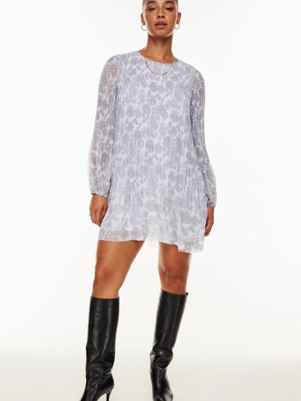 Aritzia Wilfred Daydreamer Mini Dress Grey Floral Pleated XS